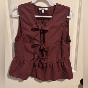 VIGOSS Burgundy Sleeveless Blouse Front Tie Bow Ruffle